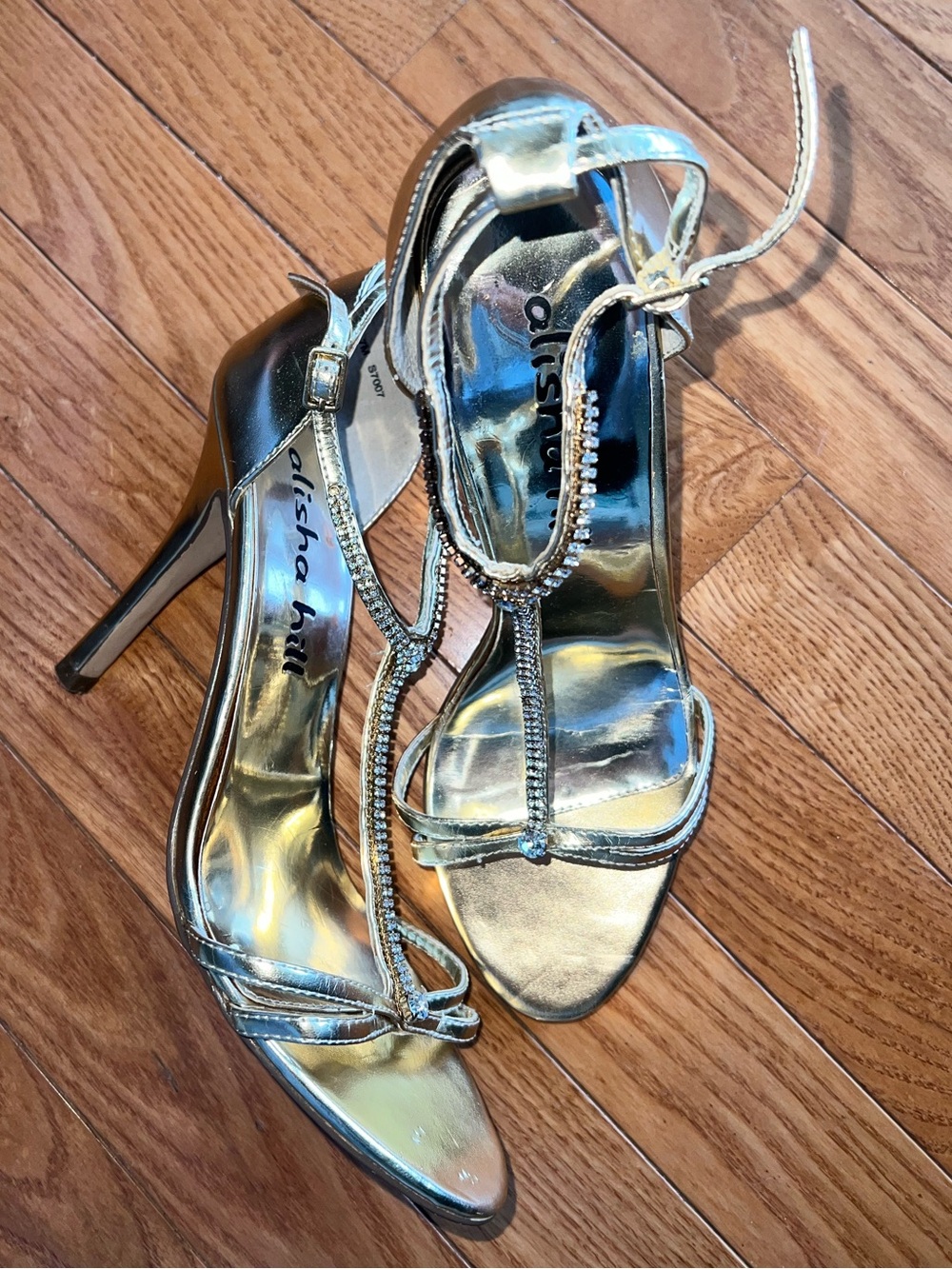 Alisha Hill Metallic Gold Rhinestone T-Strap Stiletto Sandals